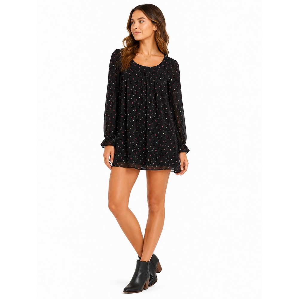 The Nines by Hatch Babydoll Dress Women XS Black Ditsy Floral Long Sleeve Boho